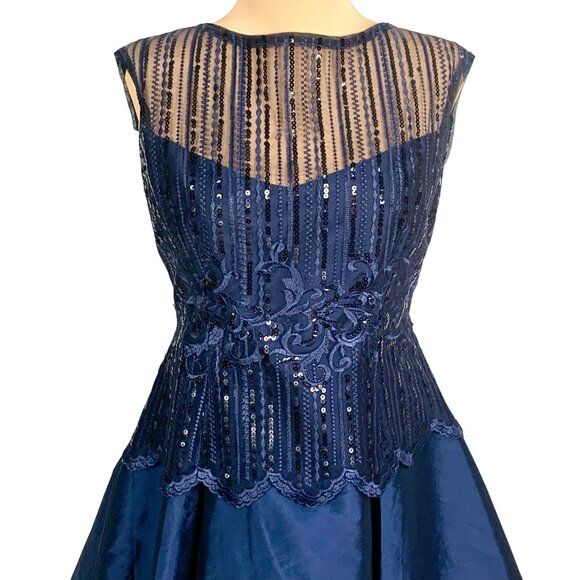 Adrianna Papell Lace Sequin Taffeta Cocktail Dress 10 Knee Length Fit Flare Navy - Picture 3 of 12